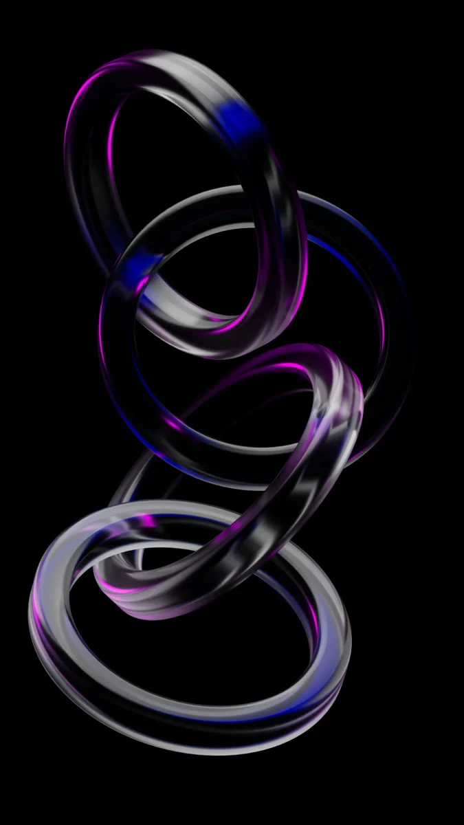 Abstract 3D render with a deep black background and vibrant purple and blue neon glowing elements, optimized for 4K mobile AMOLED wallpaper.