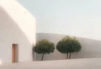 Minimalist Green Trees & White Architecture 4K Wallpaper