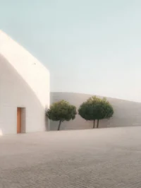 Minimalist Green Trees & White Architecture 4K Wallpaper